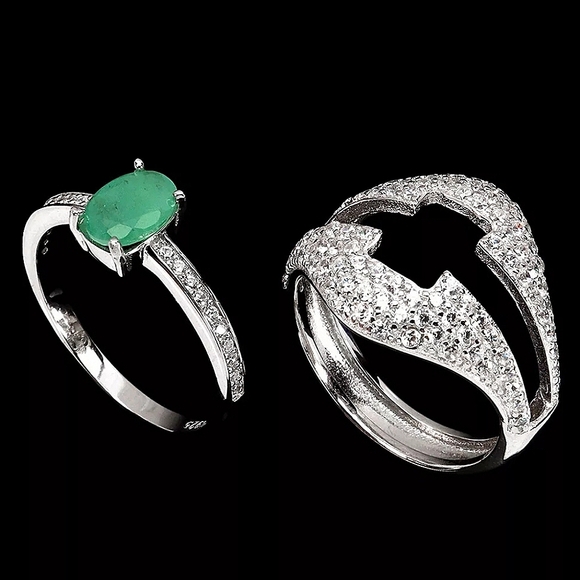 925 Sterling Silver Ring Sz 6.5 with Natural Emerald Gemstone & CZ - Picture 2 of 3